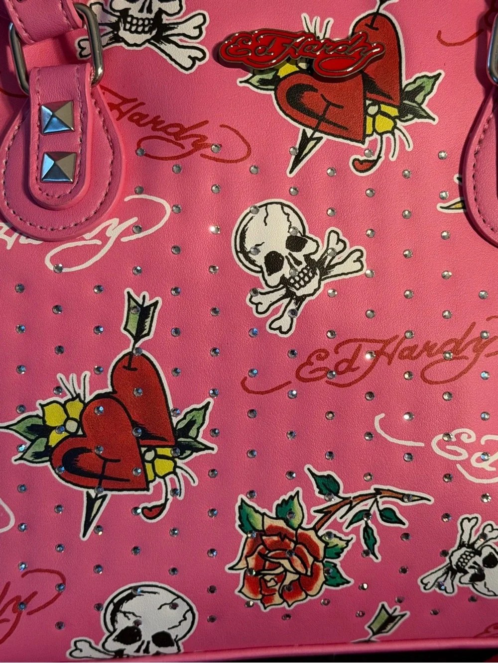 Ed Hardy NWT Pink Tattoo-Print Insulated Lunch Satchel  Detachable Strap (P245)